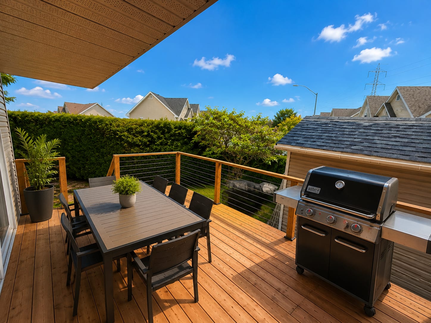 Patio en bois traité avec garde-corps à câbles