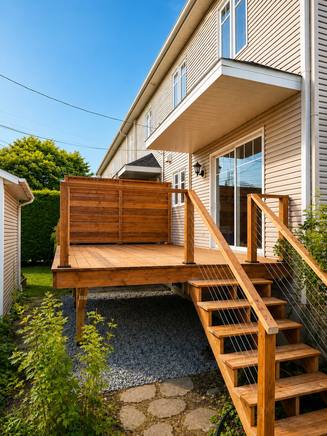 Patio en bois traité avec garde-corps à câbles