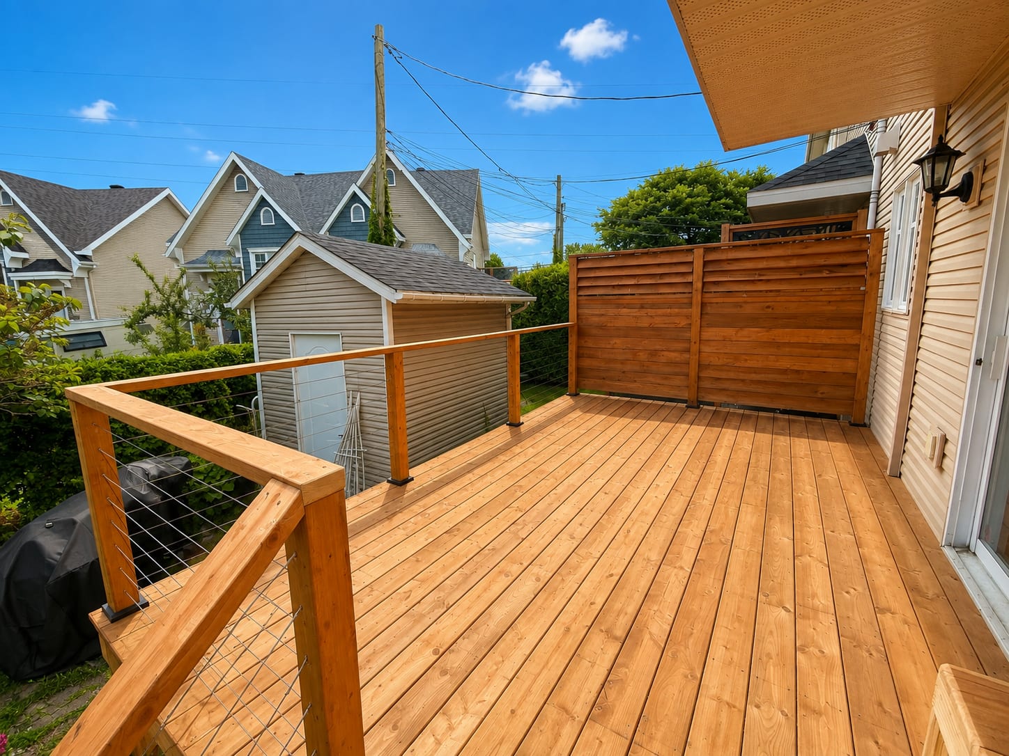 Patio en bois traité avec garde-corps à câbles