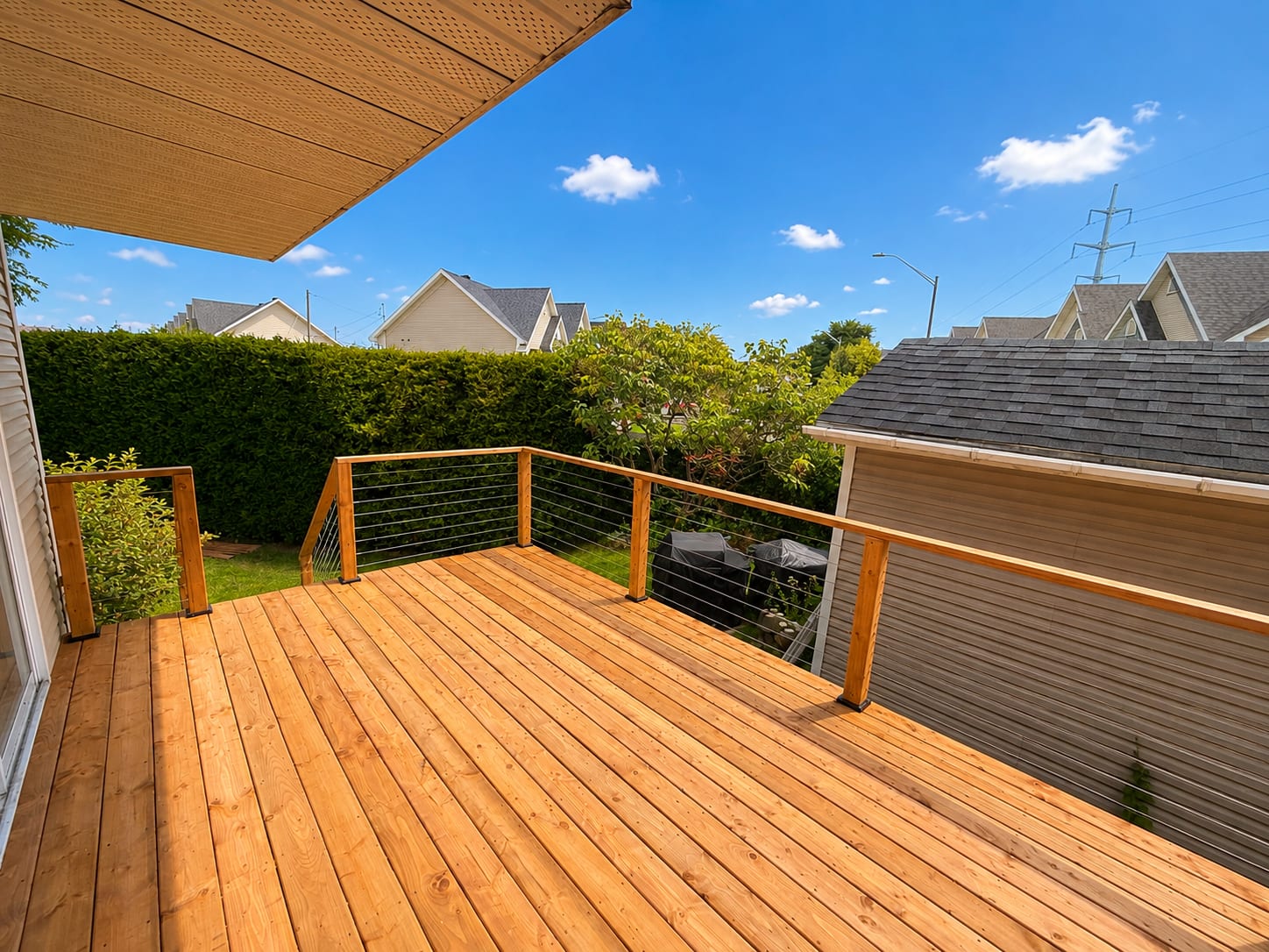 Patio en bois traité avec garde-corps à câbles