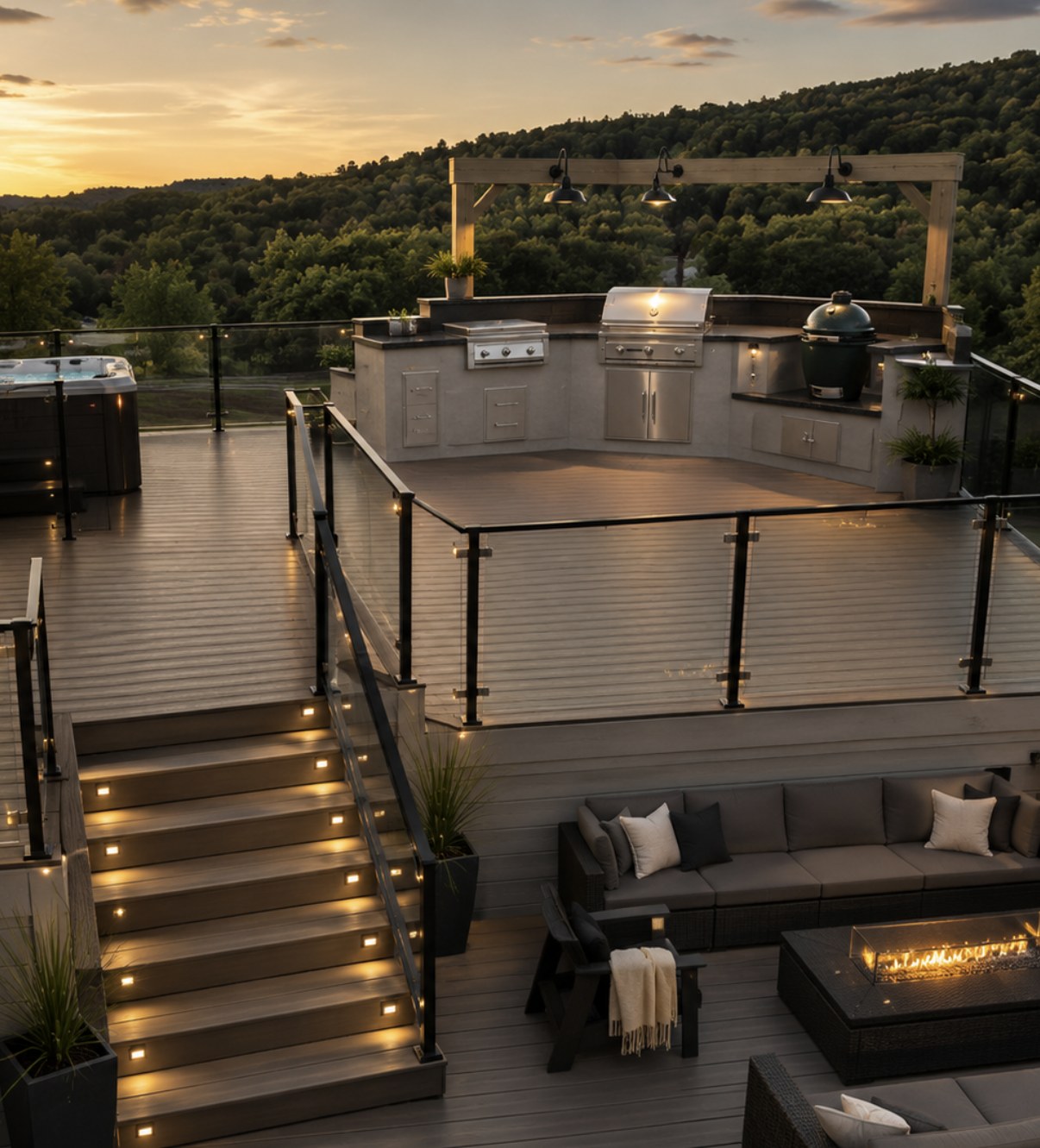 Terrasse étagée avec cuisine extérieure et coin feu
